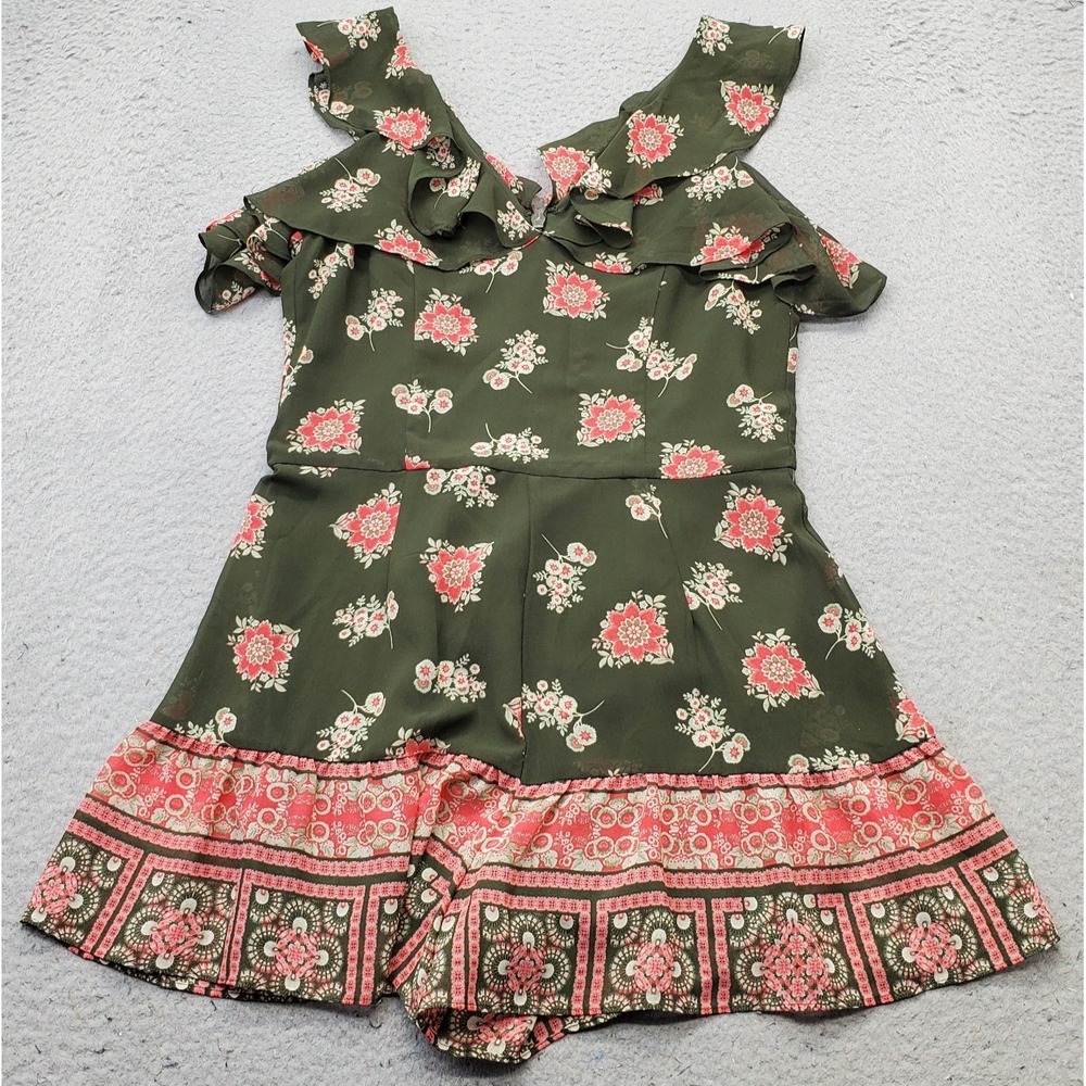 Guess Romper Womens Medium Multi Floral Cold Shoulder Lined Ruffled Back Zip